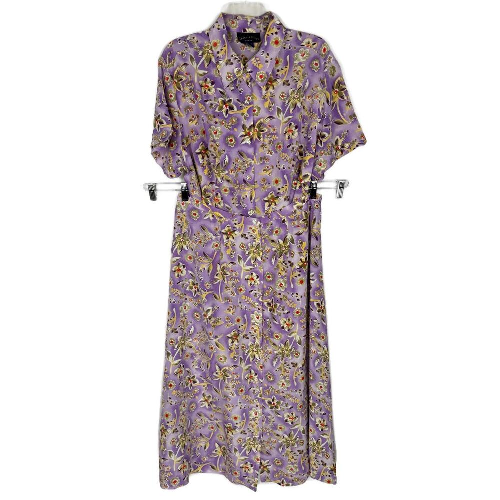 VTG NWT Charter Club Purple Floral 100% Silk Button‎ Up Skirt Set Women 14W